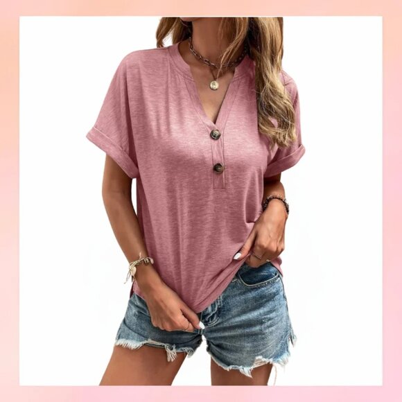 Tops - Casual Pink Button-Up V-Neck Tee